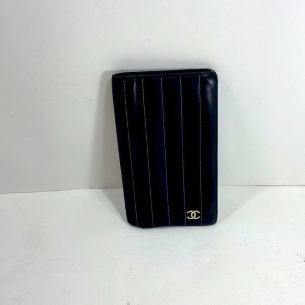 Chanel Mademoiselle Black Calf Skin Long Wallet Silver Interior